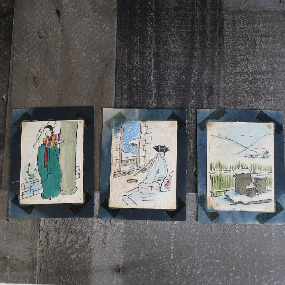 3 Asian Themed Watercolor Prints on Silk or Linen 3 by 4" Landscape Woman Man